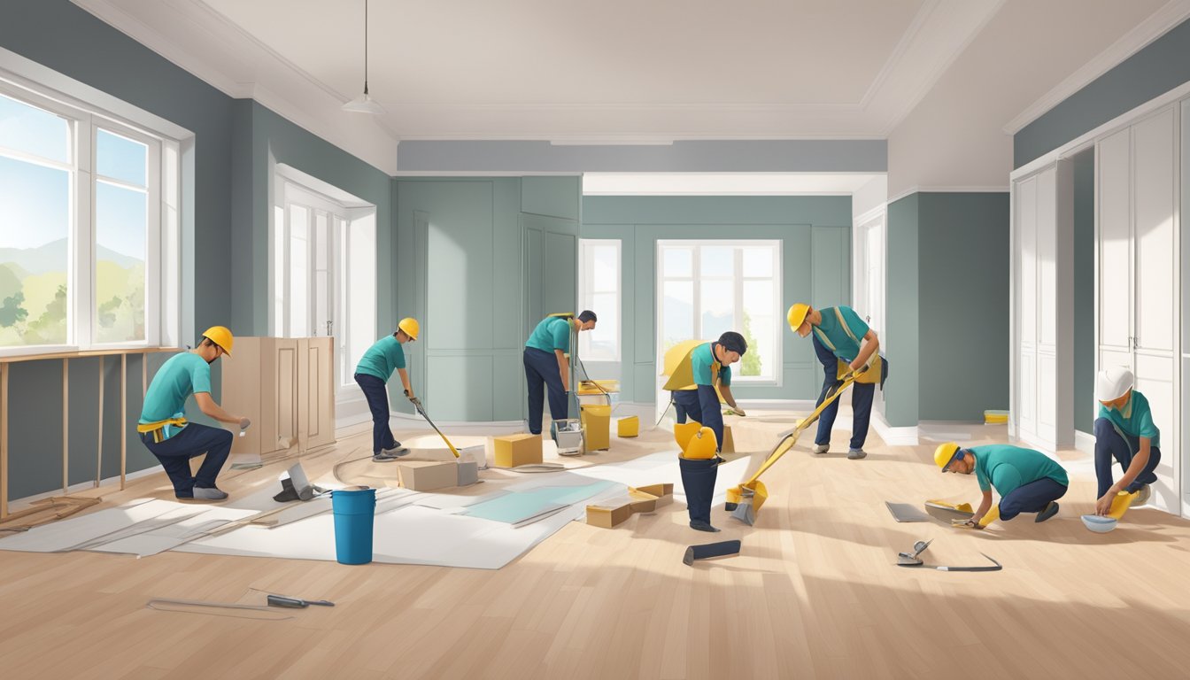 A spacious 5-room BTO flat under renovation with workers installing new flooring and painting walls. Furniture and fixtures are being assembled and installed