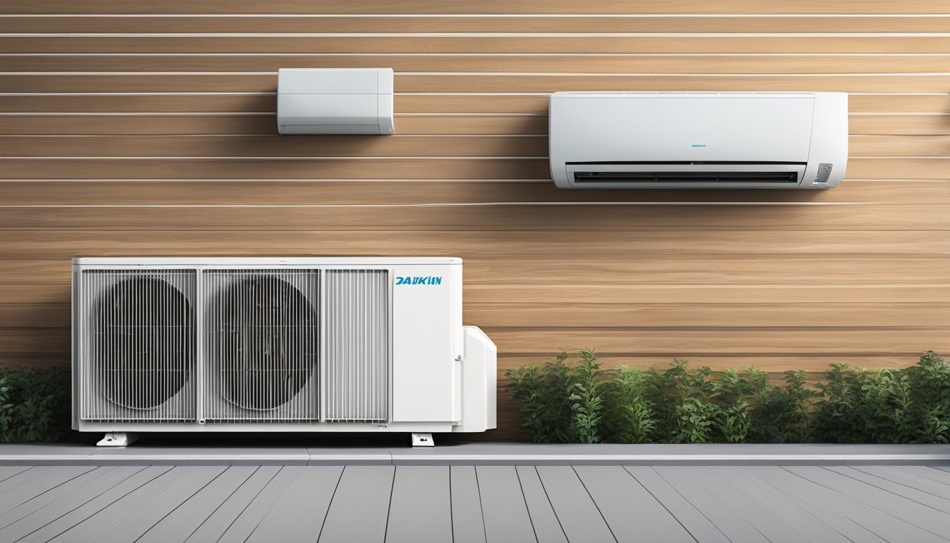 A Daikin System 2 air conditioning unit mounted on a wall, with two indoor units connected to a single outdoor compressor. The units are sleek and modern in design, with a digital display showing the temperature and settings