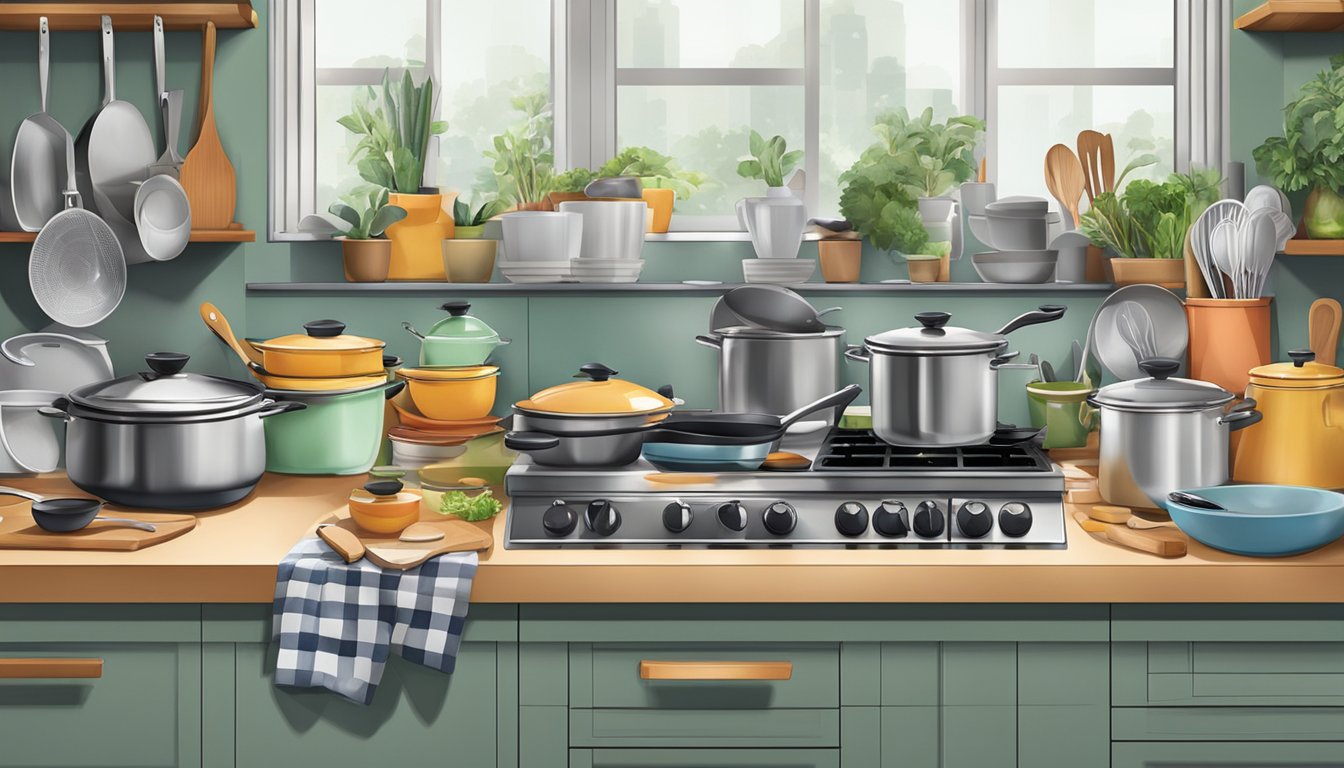 A cluttered kitchen counter with pots, pans, utensils, and cutting boards in Singapore