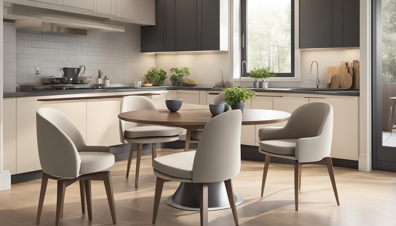 Four swivel dining chairs arranged around a circular table in a modern kitchen. The chairs have sleek, curved backs and are upholstered in a neutral fabric