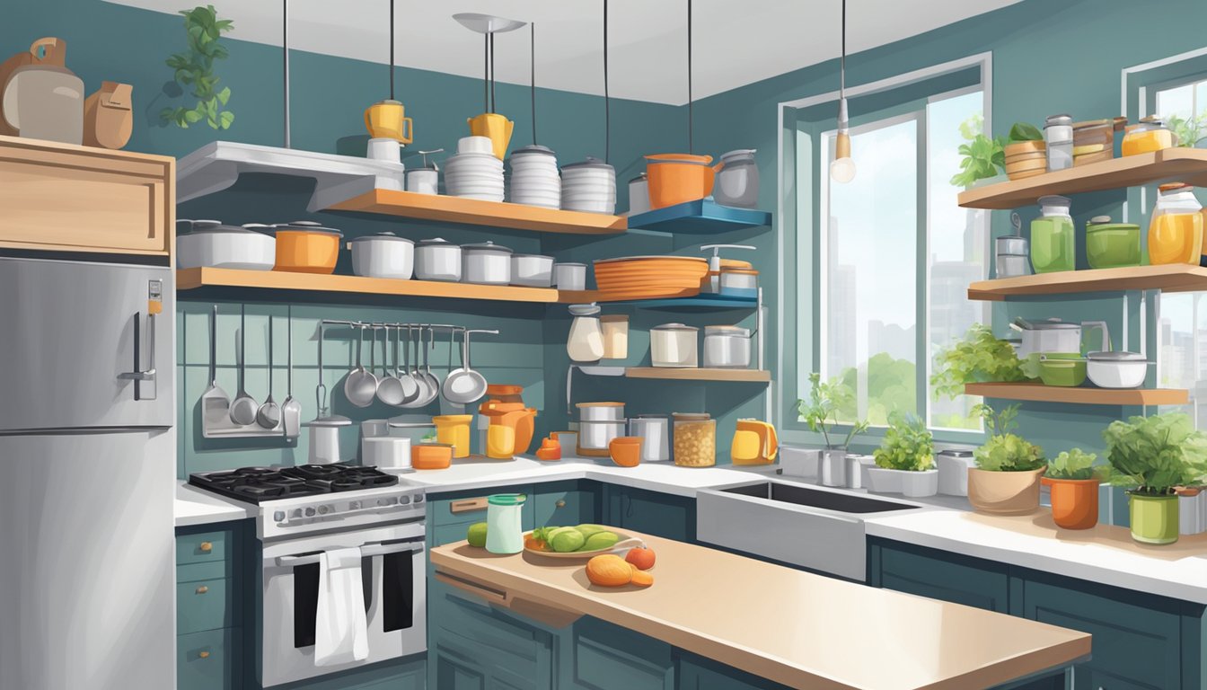 Various kitchen supplies neatly arranged on shelves and countertops in a Singaporean kitchen