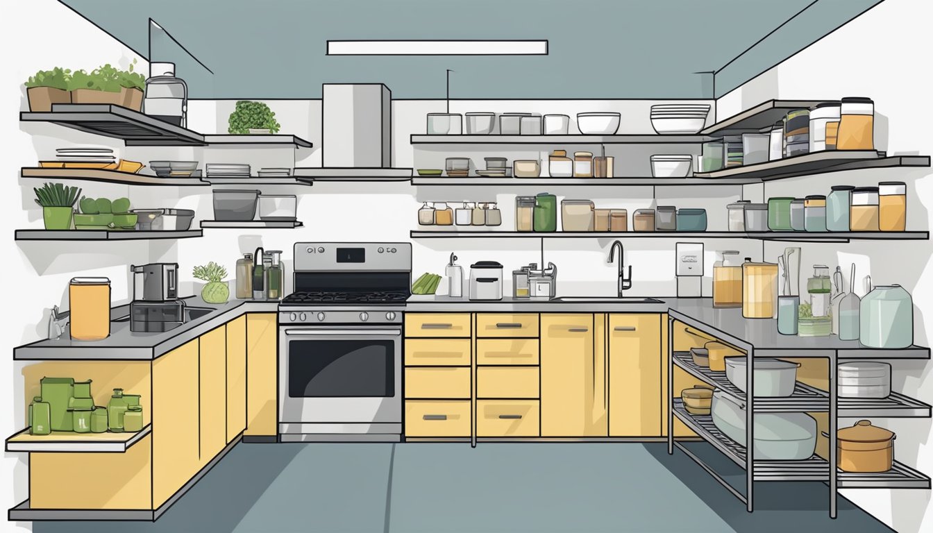 A neatly organized kitchen with a prominently displayed fridge promoting efficiency. Open shelves, labeled containers, and streamlined layout suggest a well-optimized space