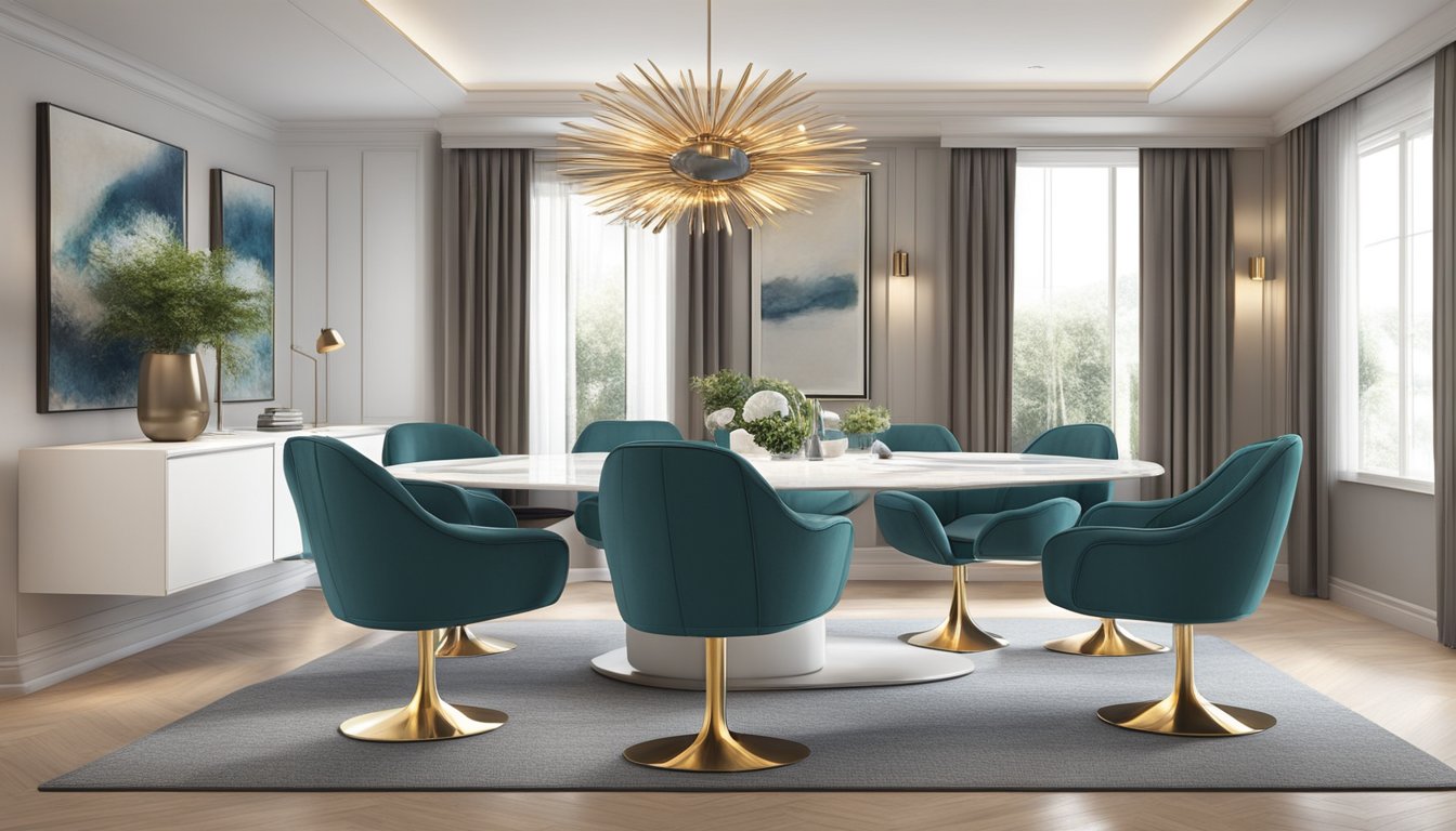 A dining table set with swivel chairs, positioned around a sleek, modern table. The chairs feature comfortable cushioning and smooth swivel motion, adding a touch of elegance to the dining area