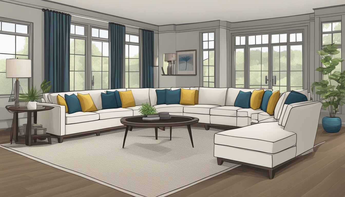A room with various types of sofas arranged in a showroom setting, including sectional, loveseat, and chaise lounge styles