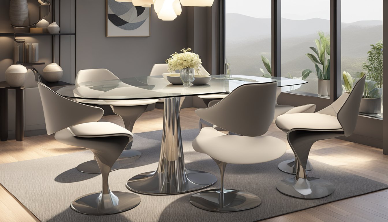 Six modern swivel dining chairs arranged around a sleek, glass-topped table. Soft ambient lighting highlights the smooth curves and elegant design