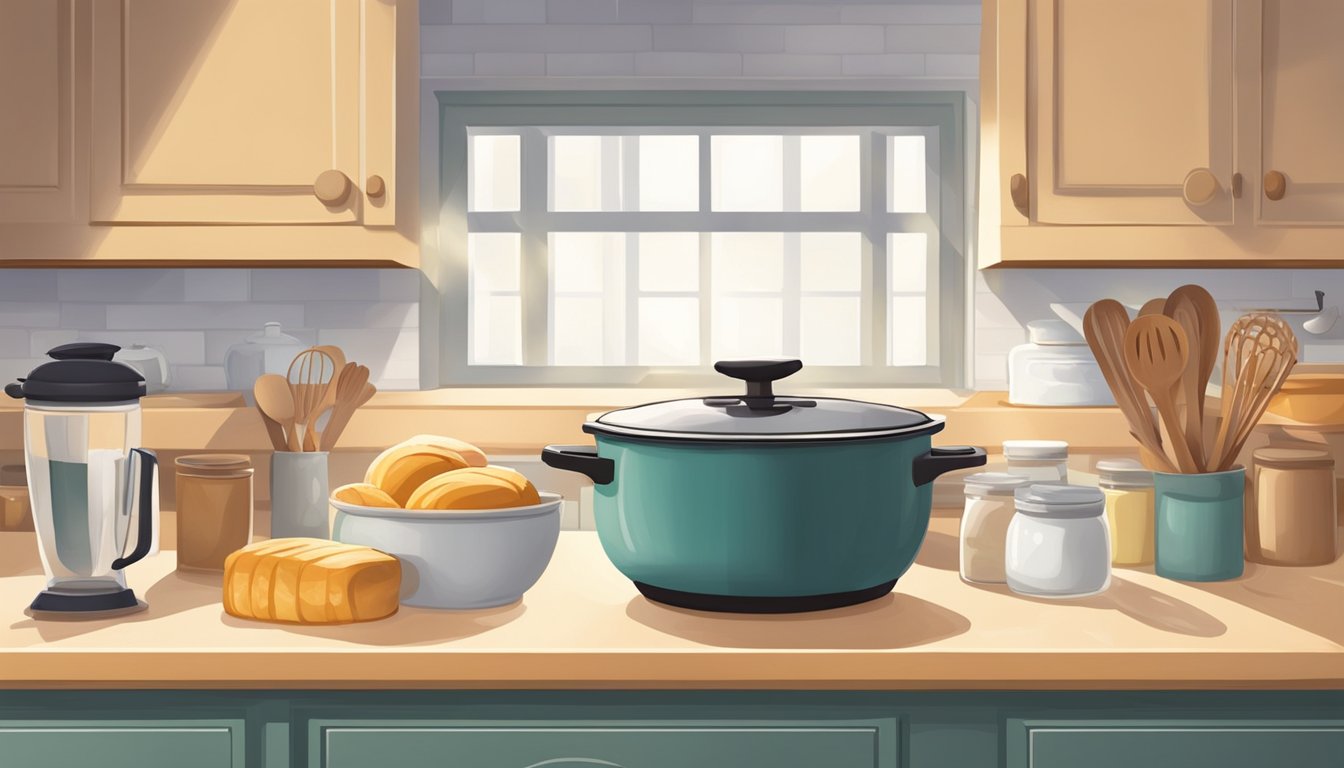 A cozy kitchen with a marble countertop, stocked with baking supplies and tools. A warm oven emits a golden glow, while a mixing bowl sits ready for action