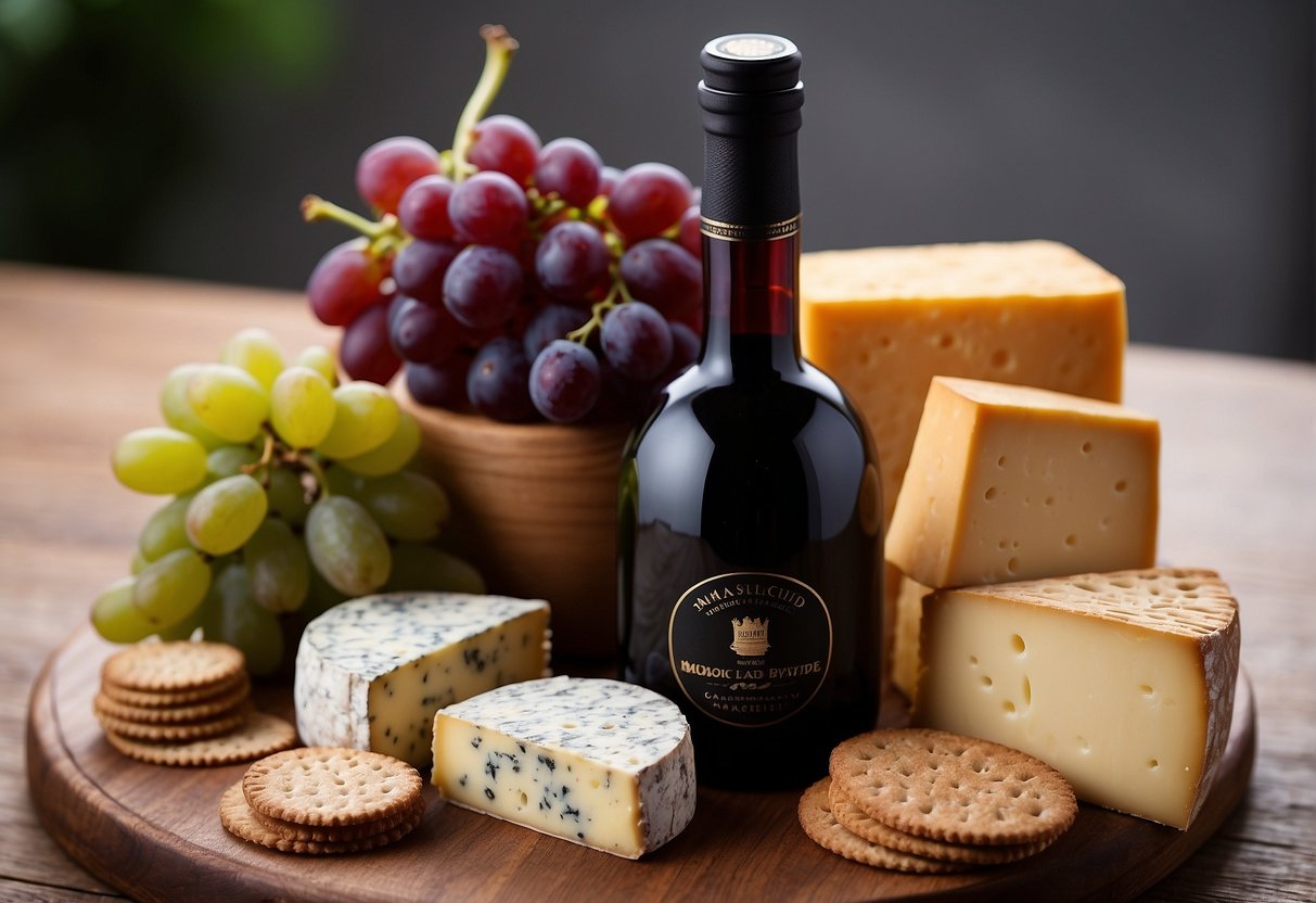 A bottle of Merlot next to a cheese board with various types of cheese, grapes, and crackers