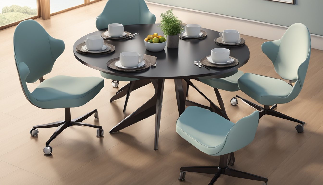 Four swivel dining chairs arranged in a circle. Each chair has a cushioned seat and a high backrest. The chairs are positioned around a round dining table