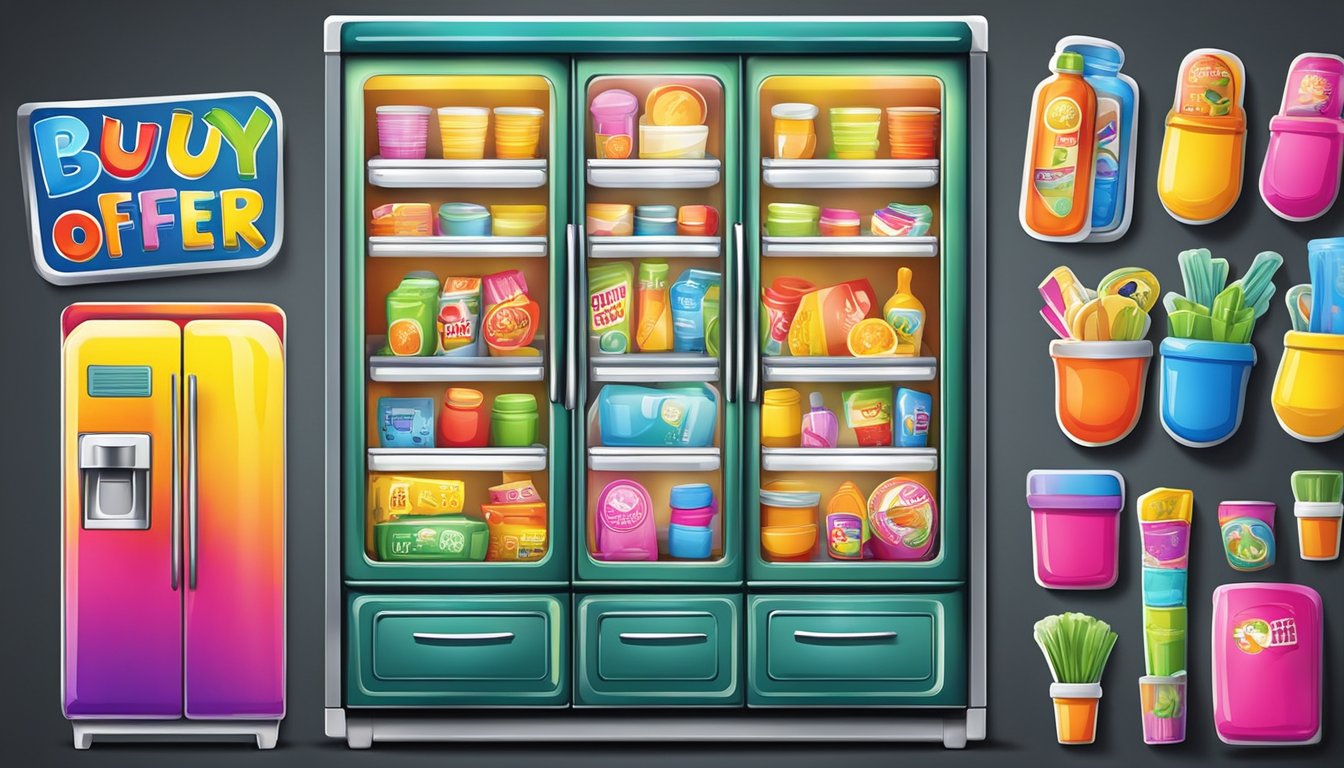 Colorful fridge magnets and stickers cover the door, advertising "Buy One Get One Free" and "Limited Time Offer" promotions. A bright spotlight highlights the deals, creating a sense of excitement