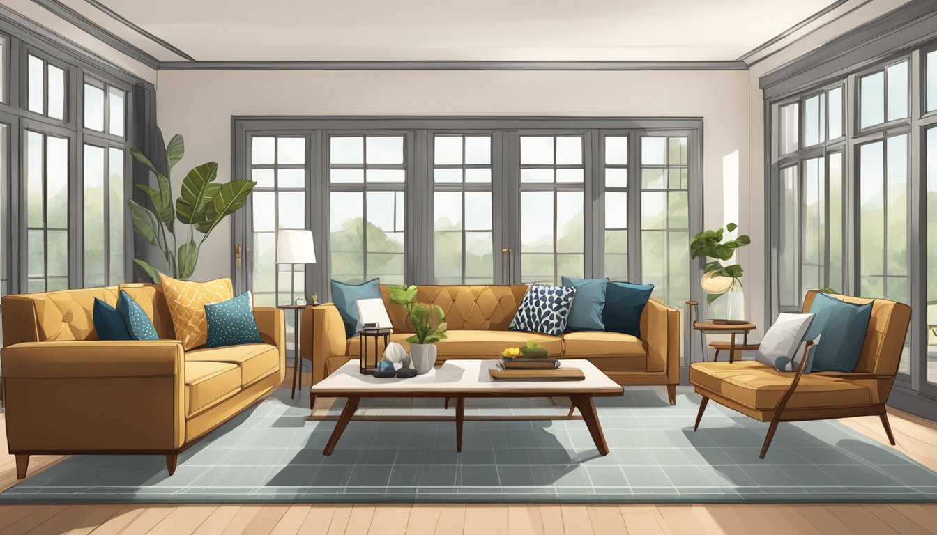 A living room with various sofa styles and designs, including sectional, chesterfield, and mid-century modern, arranged in a spacious and well-lit area