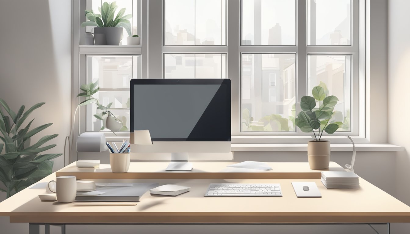 A clean, modern office desk with a computer, notebook, and pen. A Scandinavian-style room with minimalistic decor and natural light