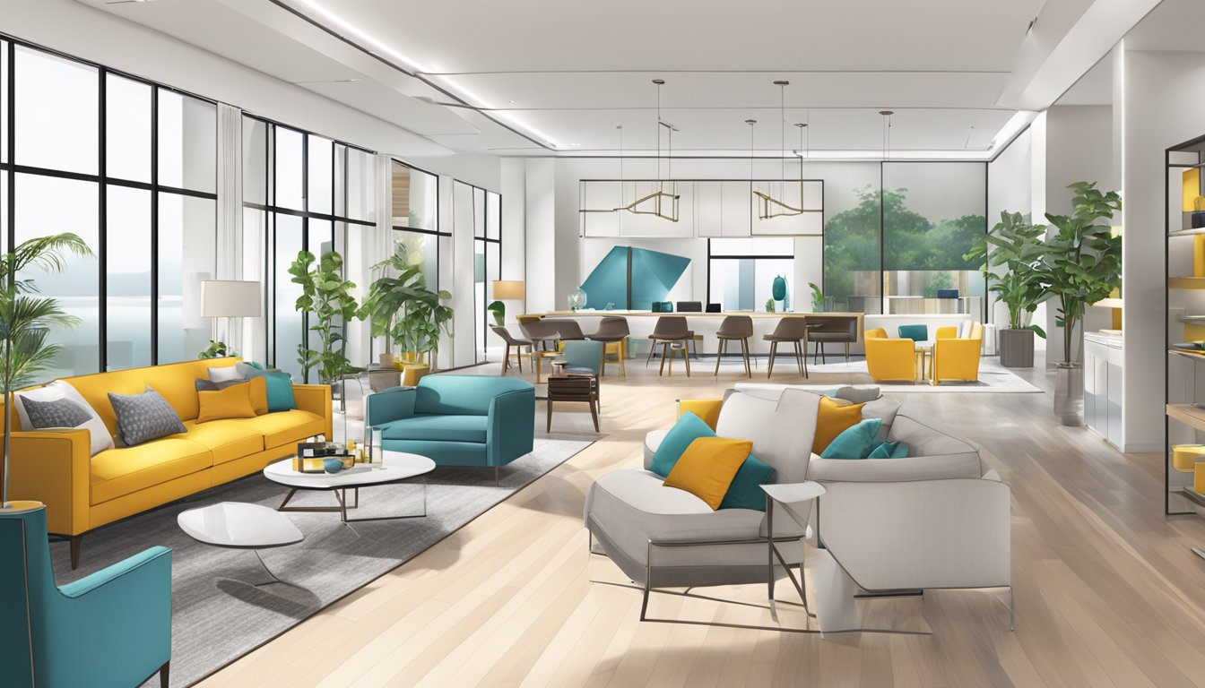 A bright, modern furniture showroom with sleek displays and vibrant decor. Clean lines and contemporary pieces fill the space, creating an inviting atmosphere for customers to explore