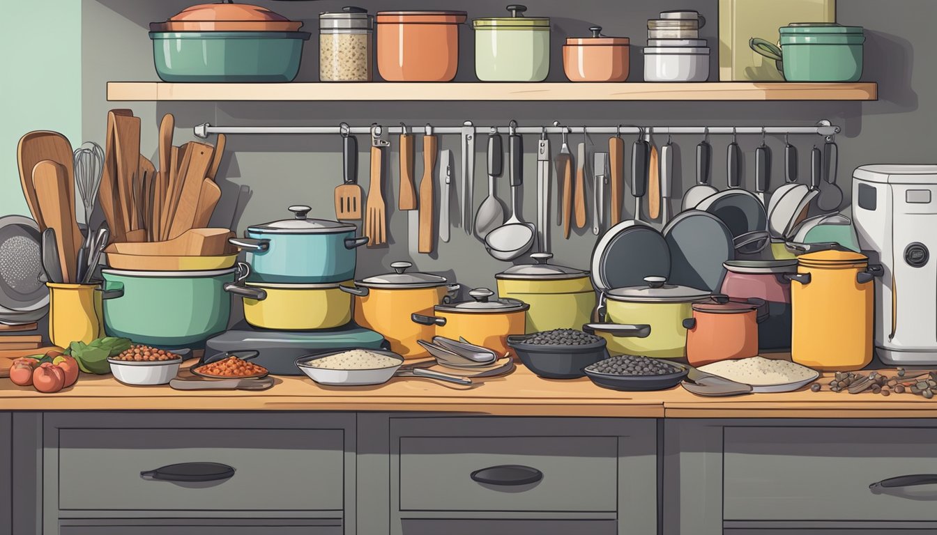 A cluttered kitchen counter with various cooking utensils and appliances, including pots, pans, knives, and cutting boards. Shelves stocked with neatly organized spices and ingredients in the background