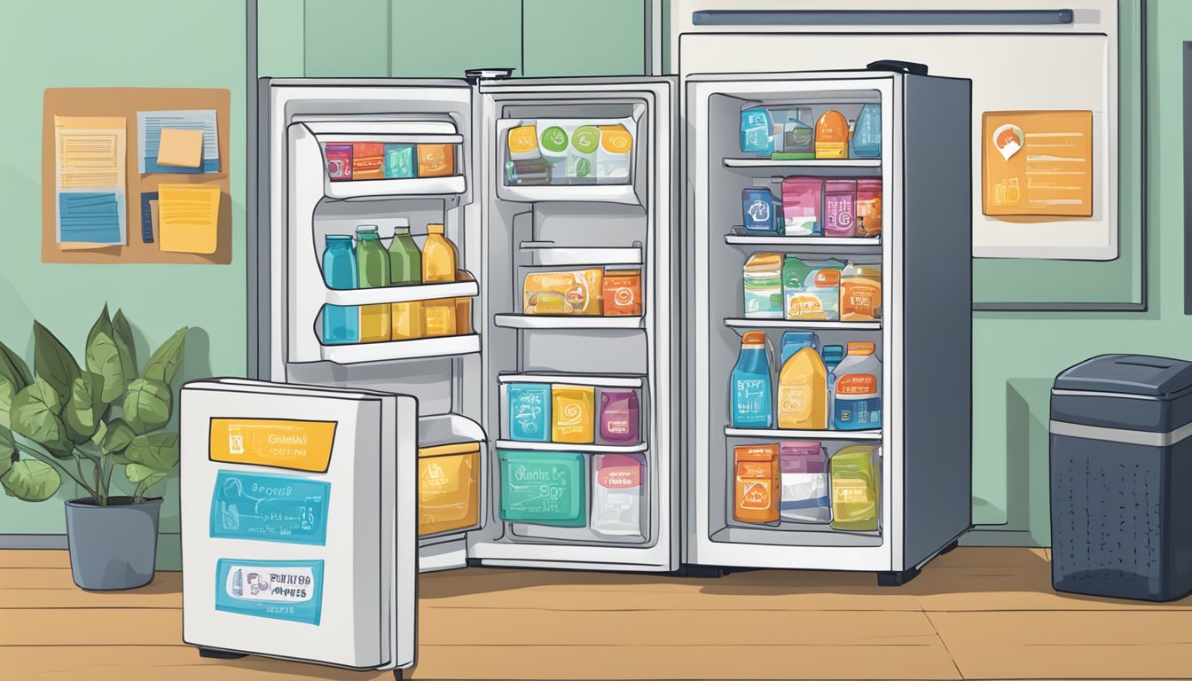 A fridge covered in "Frequently Asked Questions" stickers, with a promotional banner above