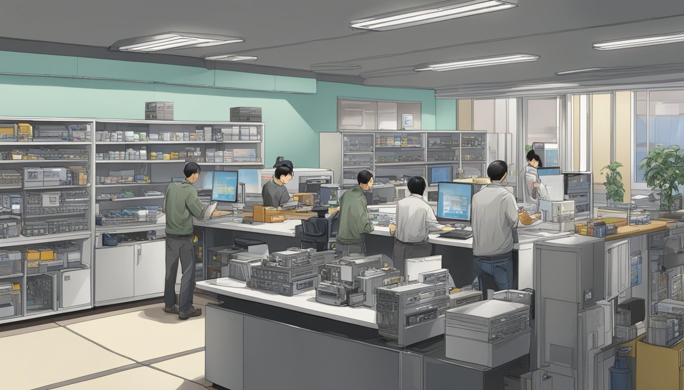 The Toyomi service center bustles with technicians repairing appliances and customers waiting for assistance. Shelves are stocked with spare parts and tools, while a reception desk handles inquiries