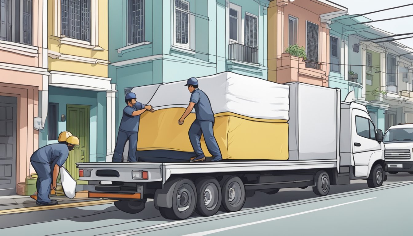 A mattress being loaded onto a truck by workers in a residential area of Singapore