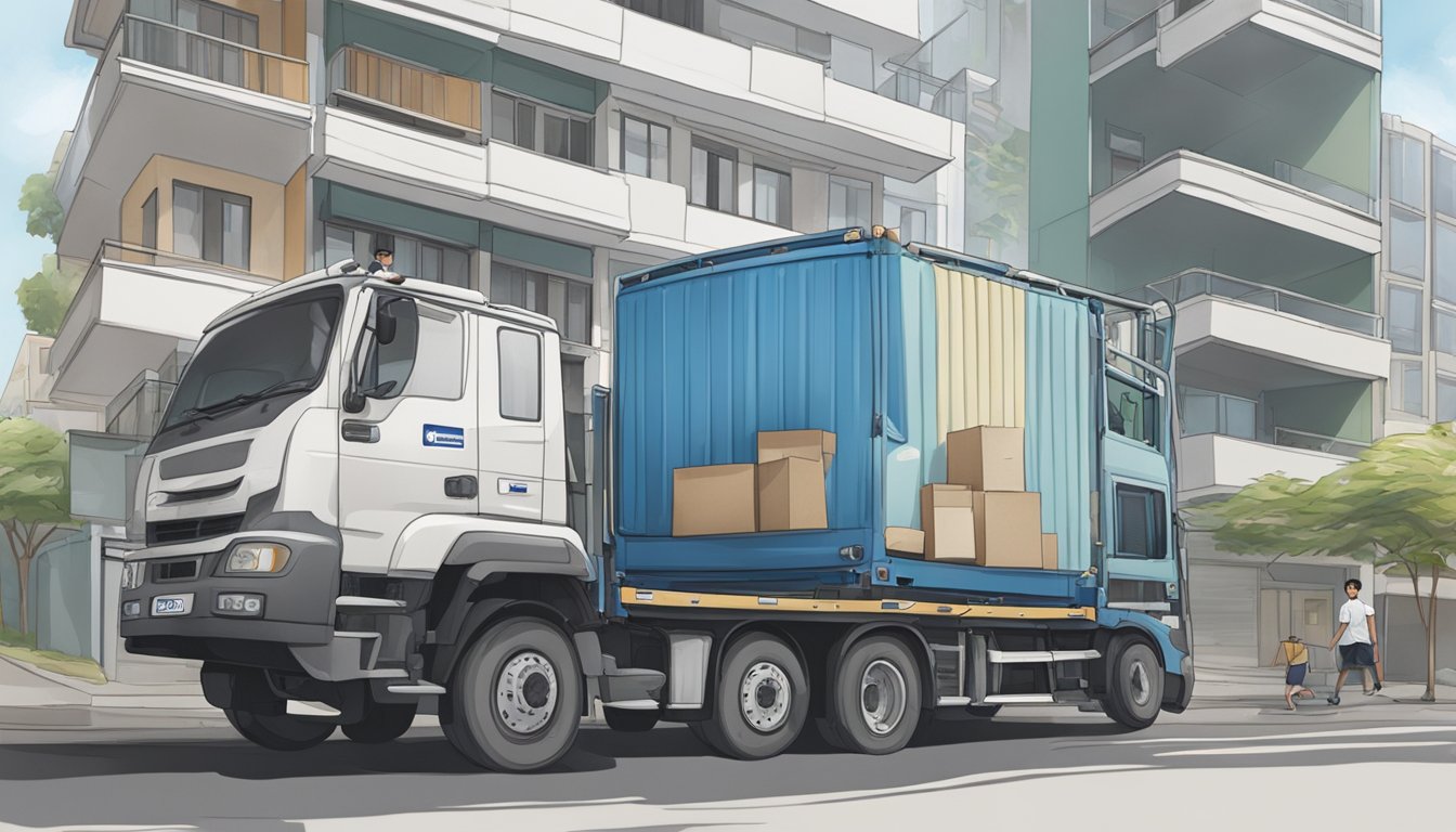 A mattress being carried out of a Singaporean apartment and placed on a designated disposal truck