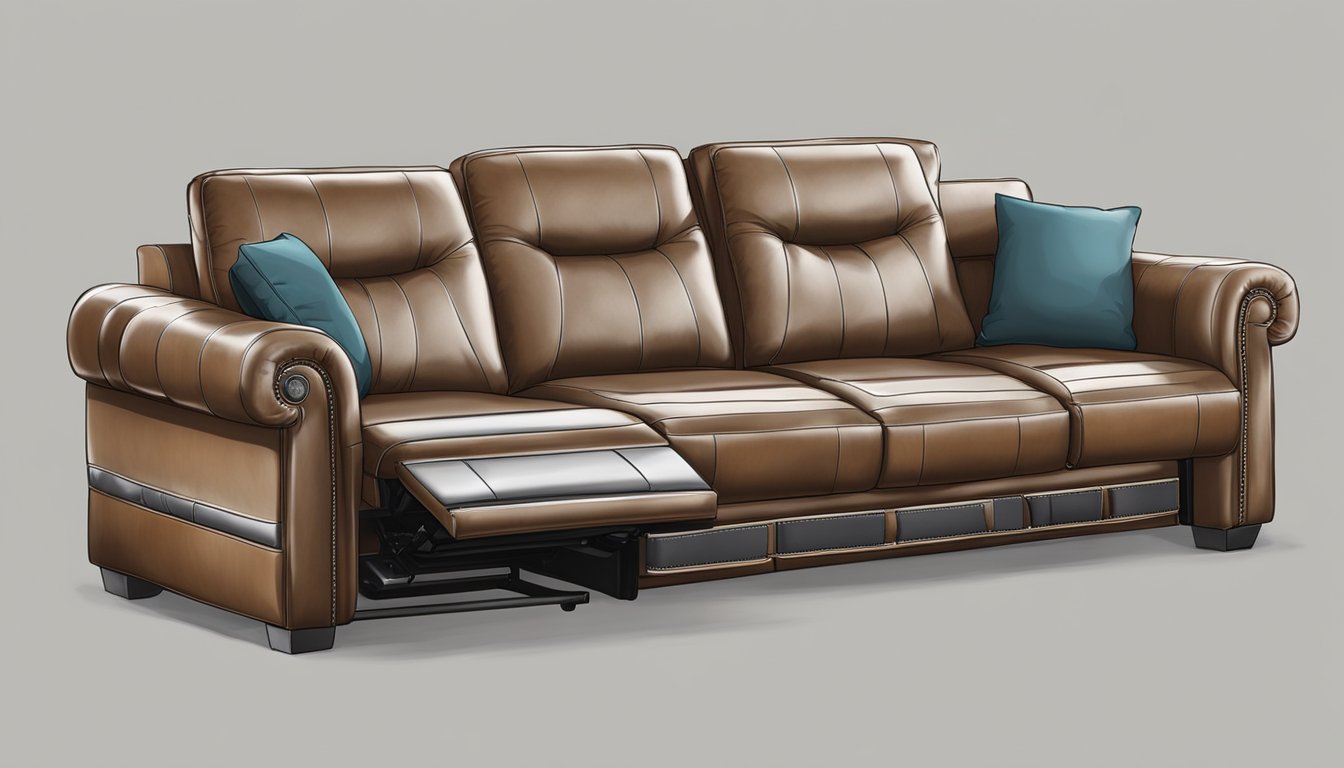 A sofa made of leather and wood, with reclining functionality and built-in cup holders
