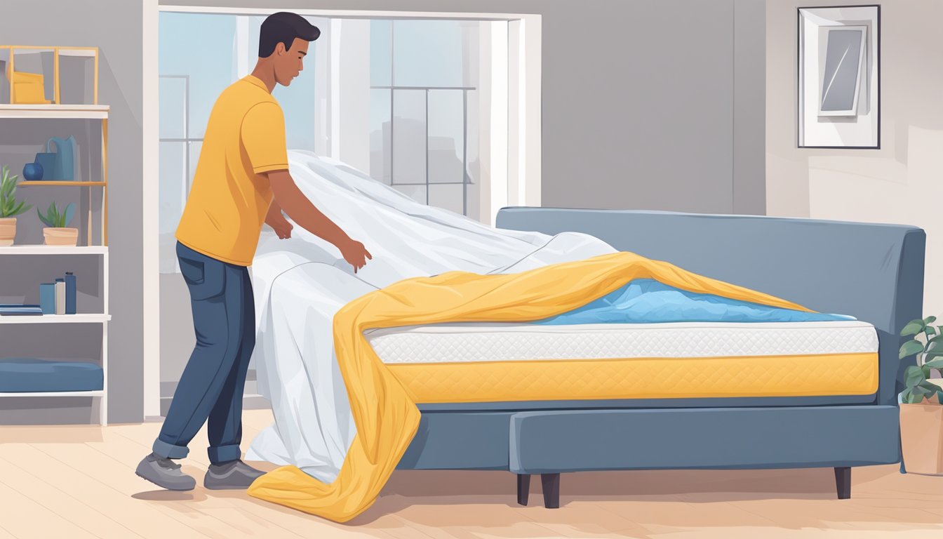 A mattress being wrapped in plastic and carried out of a room, with a person removing bedding and disassembling the bed frame