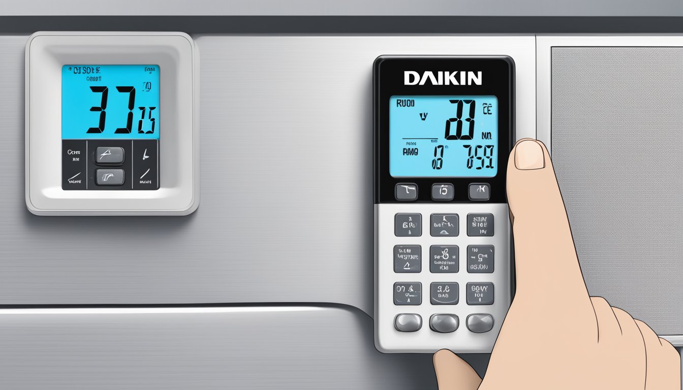 The Daikin AC remote control is being held, with buttons being pressed to adjust temperature and fan settings. The display screen shows the current room temperature and mode