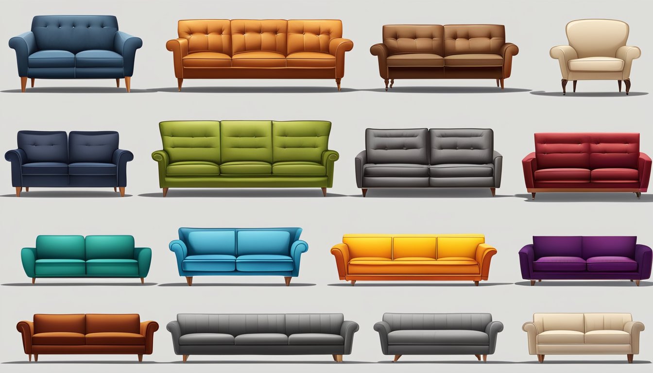 A variety of sofa types with labels and descriptions, surrounded by question marks