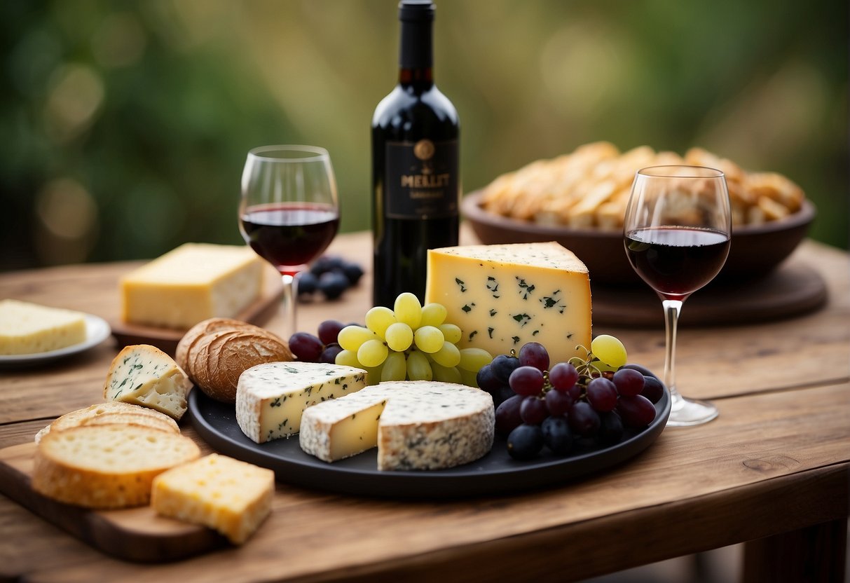 A bottle of Merlot next to a platter of assorted cheeses