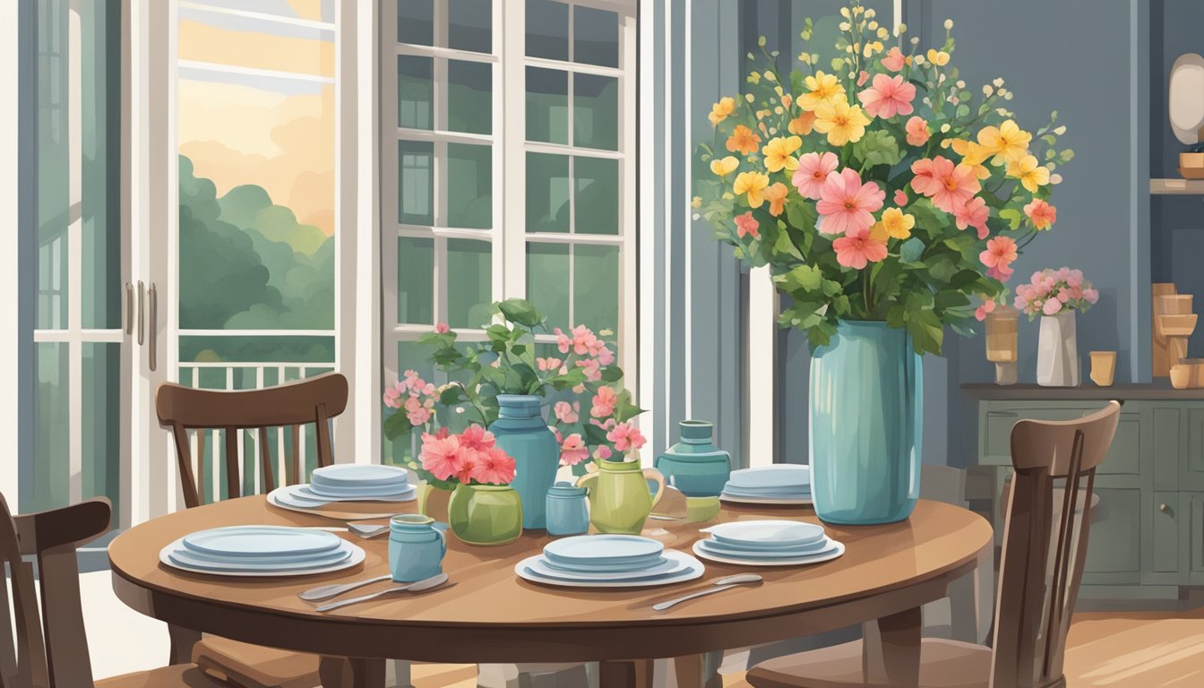 A small dining table set with cutlery and a vase of flowers in a cozy Singaporean home