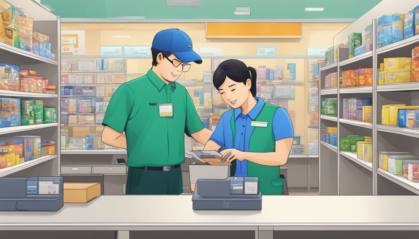 A Toyomi service representative assists a customer at the customer care center, surrounded by shelves of products and a logo prominently displayed