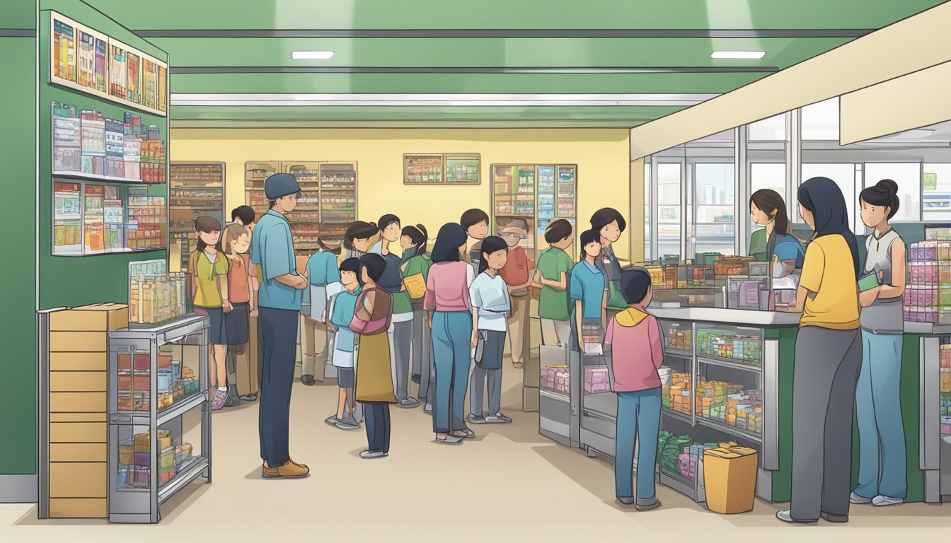 A busy service center with customers waiting in line, staff assisting, and a prominently displayed sign for "Frequently Asked Questions" about Toyomi products