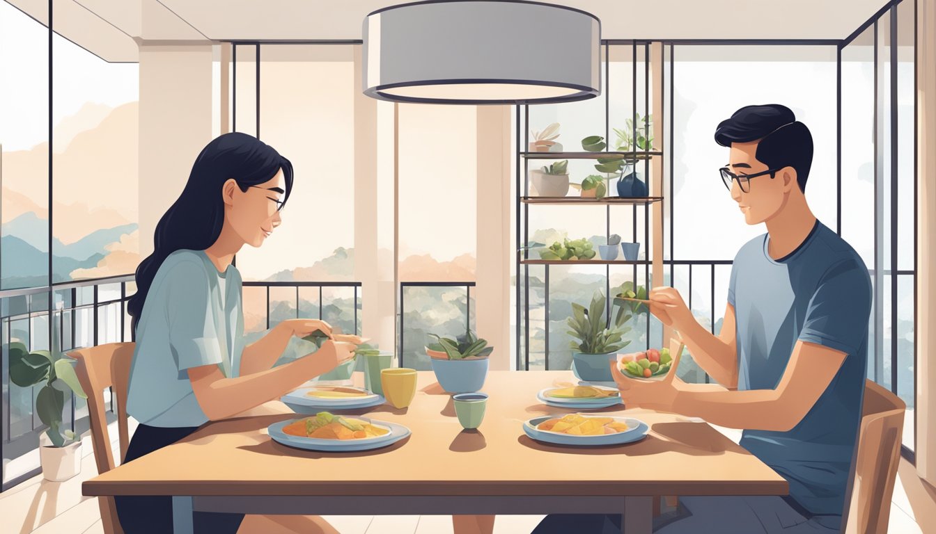 A couple carefully measures a small dining table in a bright, modern Singapore apartment, considering its size and style