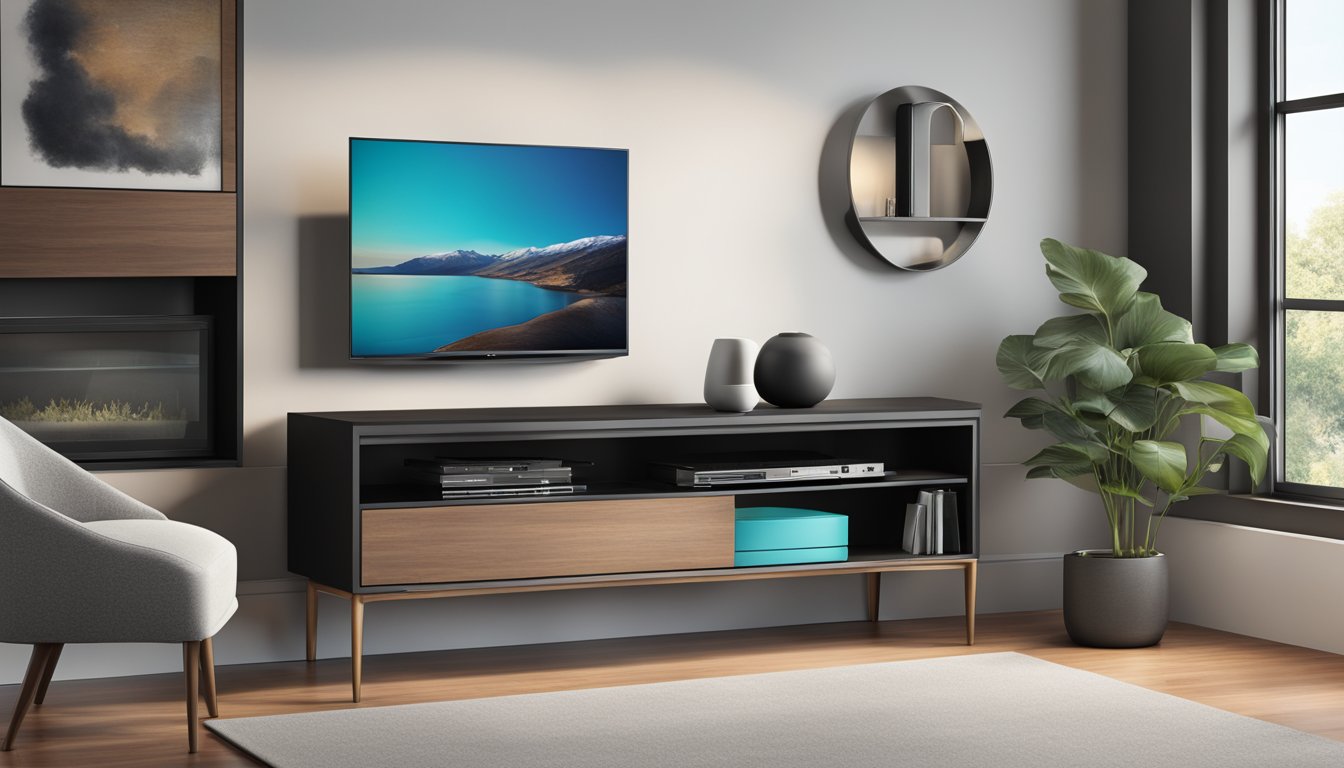 A sleek, modern TV console with clean lines and minimalistic design, featuring open shelving and a glossy finish