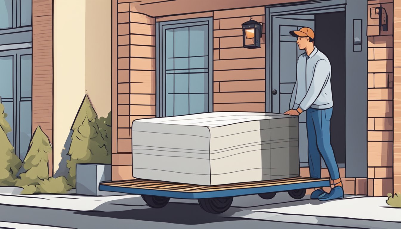 A mattress being delivered to a doorstep by a delivery person