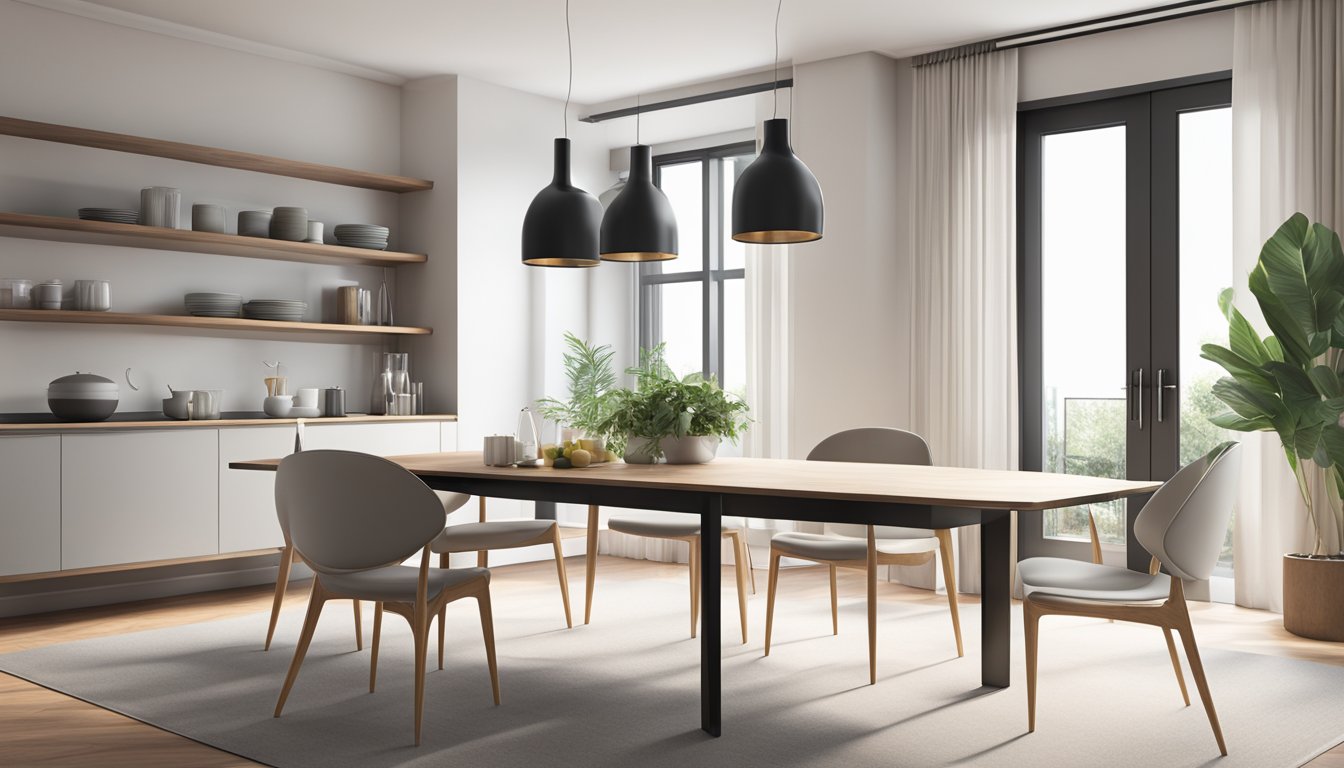 A sleek, modern dining table with clean lines and a compact design. It is set against a backdrop of a minimalist, stylish dining room with ample natural light