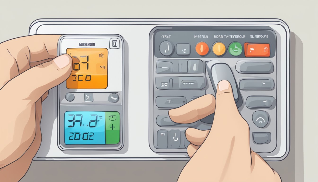 A hand adjusting the temperature and mode symbols on a Mitsubishi aircon remote control