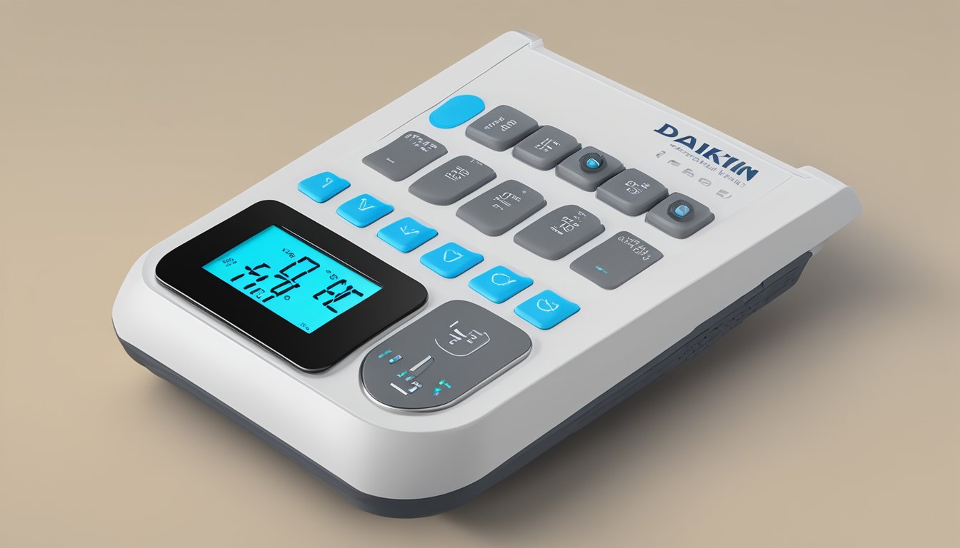 The Daikin AC remote control sits on a clean, modern surface with clearly labeled buttons and a digital display