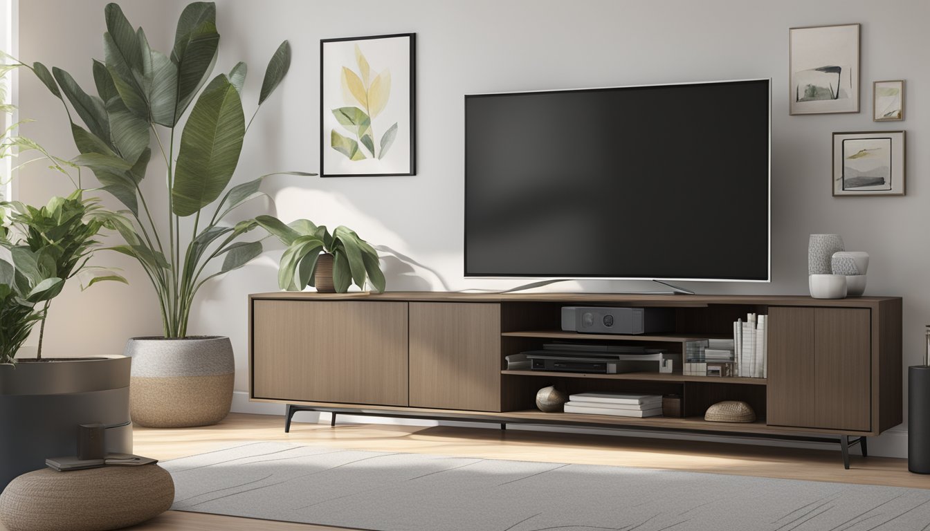 A sleek, modern TV console with clean lines and minimalistic design. It is adorned with a few decorative items, such as a potted plant and a stack of books, adding a touch of warmth to the contemporary setting