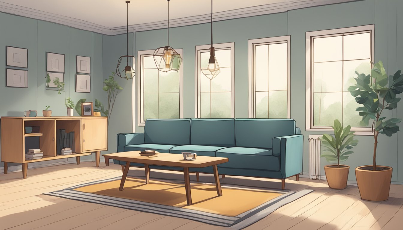A small, simple room with mismatched furniture. A worn couch, a basic table, and chairs. Sparse decorations and minimal lighting