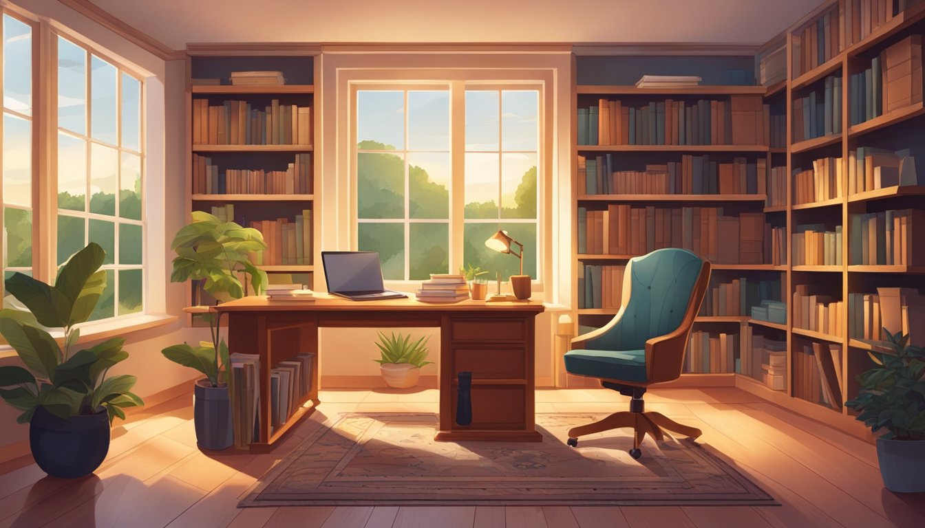 A cozy study room with a desk, bookshelves, and a comfortable chair by a window overlooking a garden. Warm lighting and a rug complete the inviting atmosphere