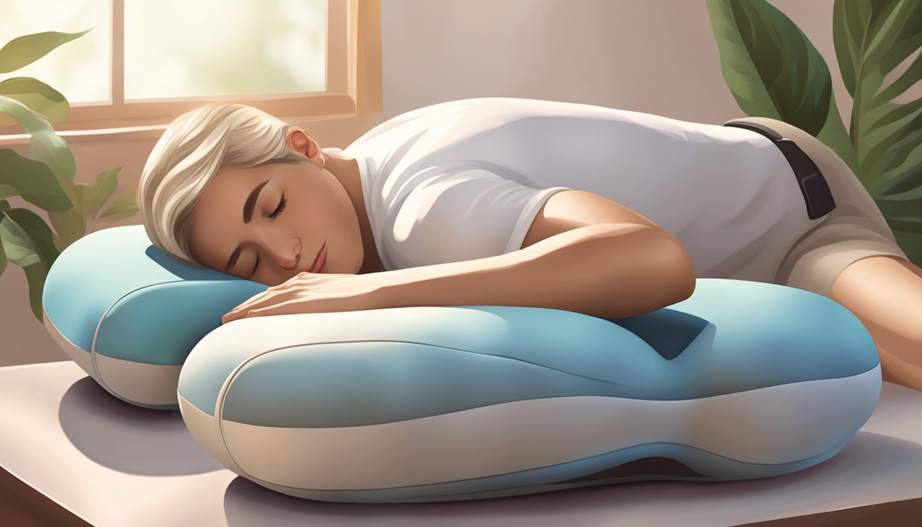 A massage pillow with rotating nodes gently kneading a plush surface, surrounded by soft ambient lighting and calming music