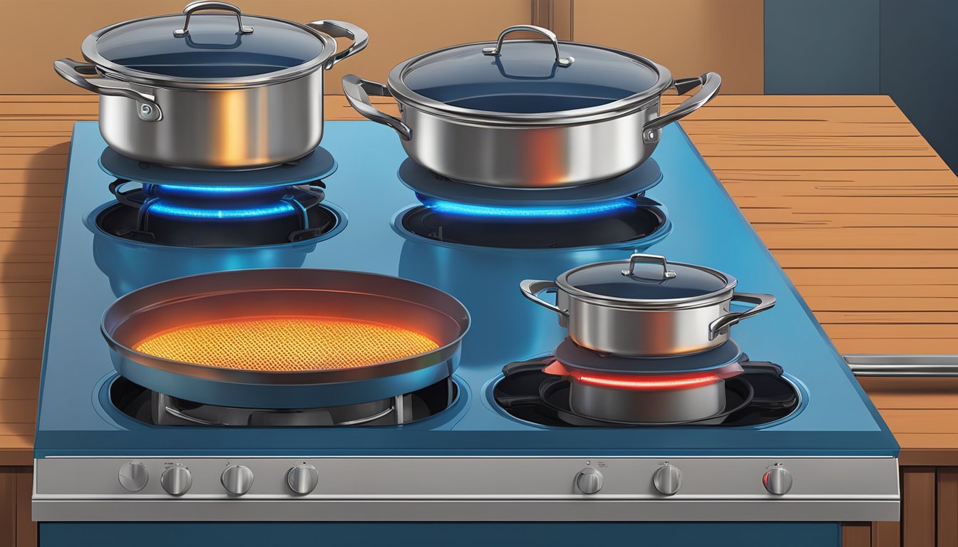 An induction stove emits blue light while an electric stove glows red, both with pots on top