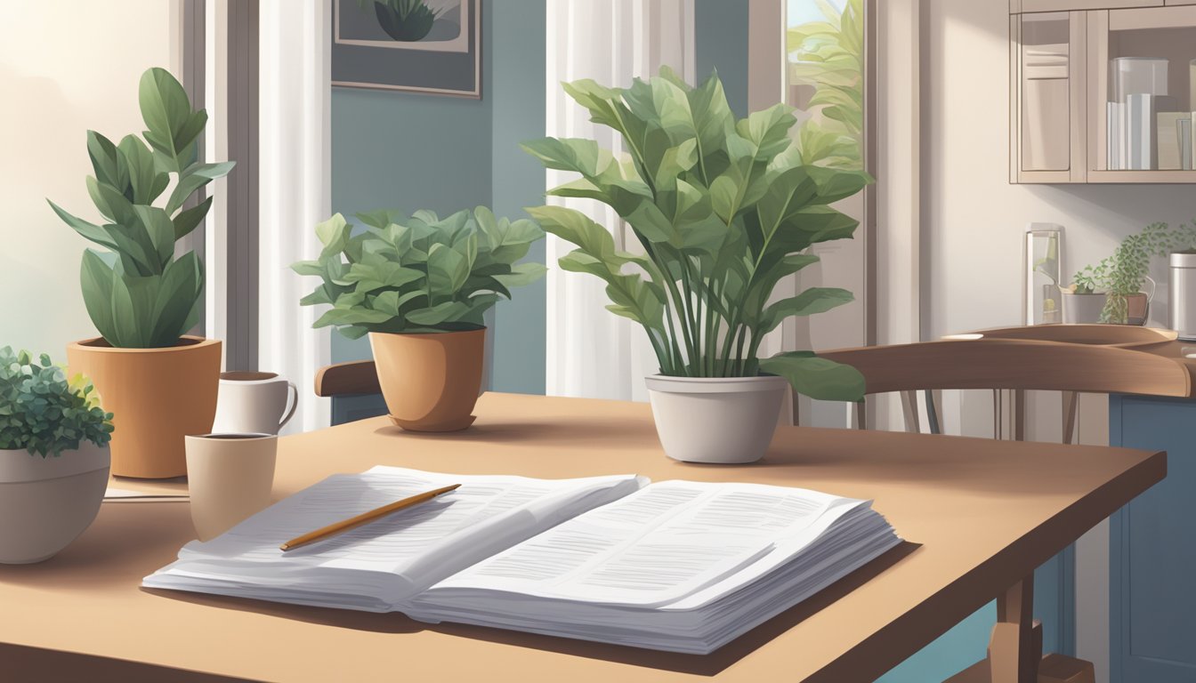 A small dining table in a cozy Singaporean home with a stack of neatly arranged FAQ pamphlets and a potted plant in the background