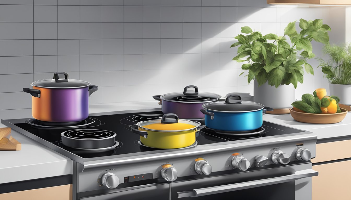 An induction stove and an electric stove side by side, with pots on each and heat emanating from the burners