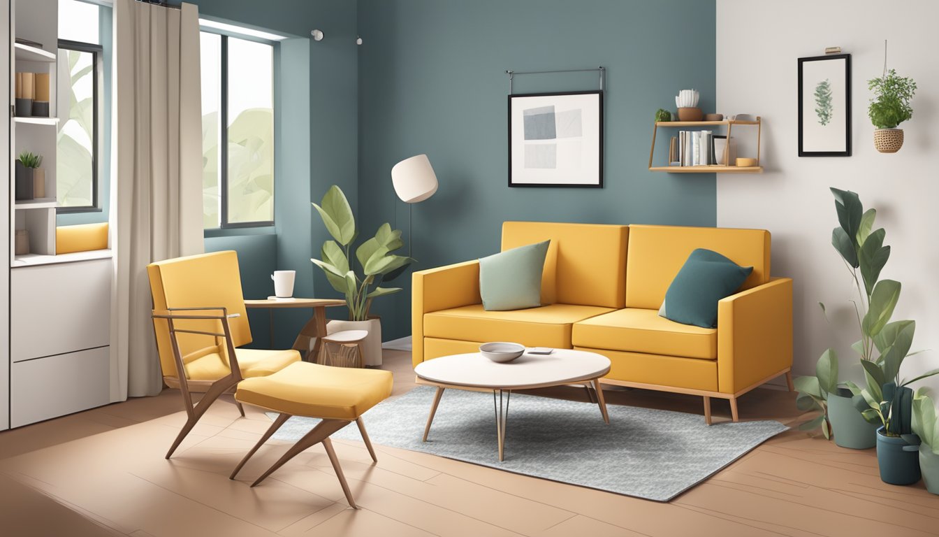 A small, cozy living room with space-saving furniture. A foldable sofa bed, stackable chairs, and a multi-functional coffee table create a stylish and practical layout