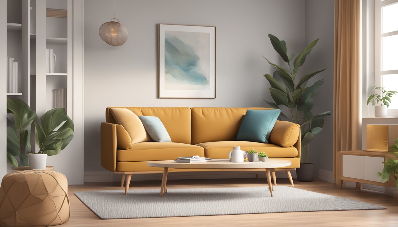 A compact L-shaped sofa sits in a cozy living room, adorned with soft throw pillows and a warm blanket