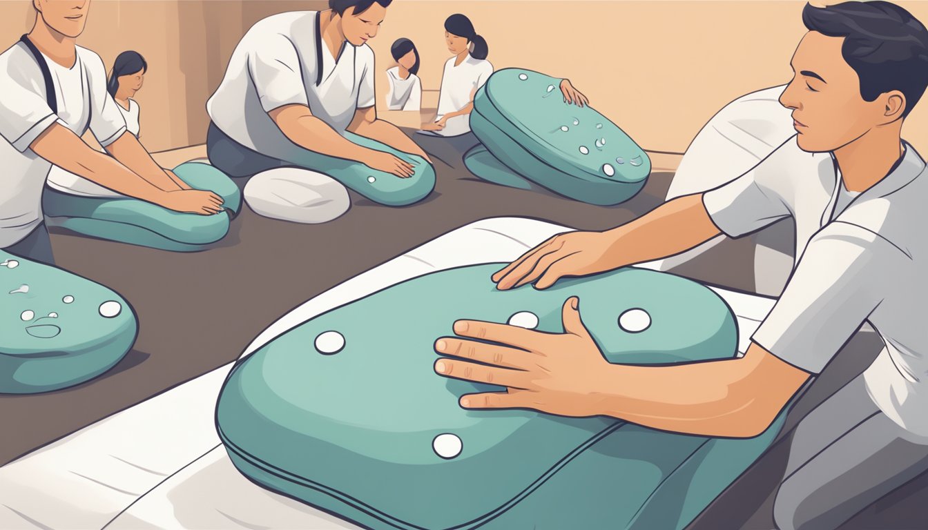 A massage pillow surrounded by question marks and a customer reaching out to touch it