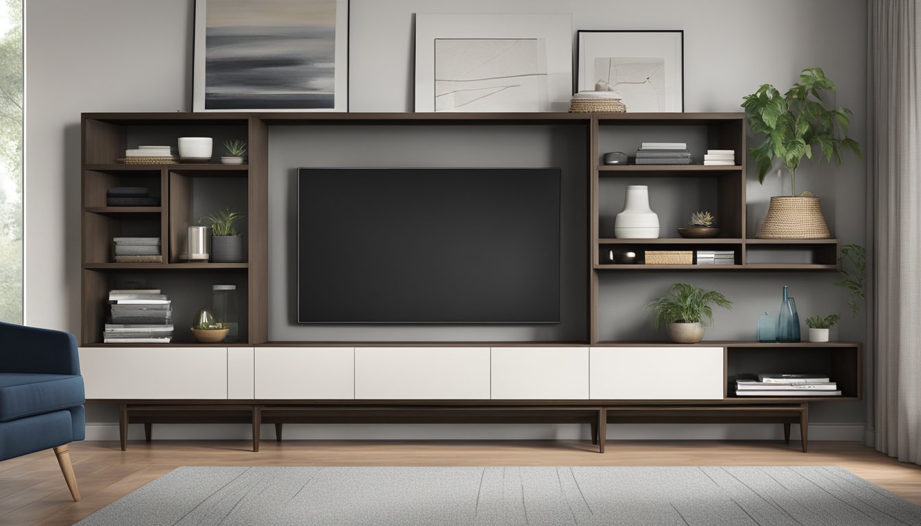 A sleek, modern TV console with clean lines and a glossy finish, featuring open shelving and hidden storage compartments