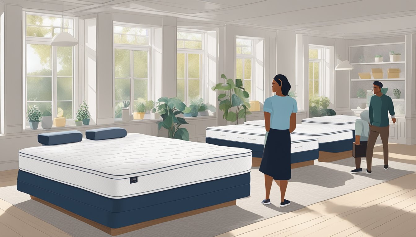 A person confidently choosing a queen mattress from a variety of options in a well-lit showroom