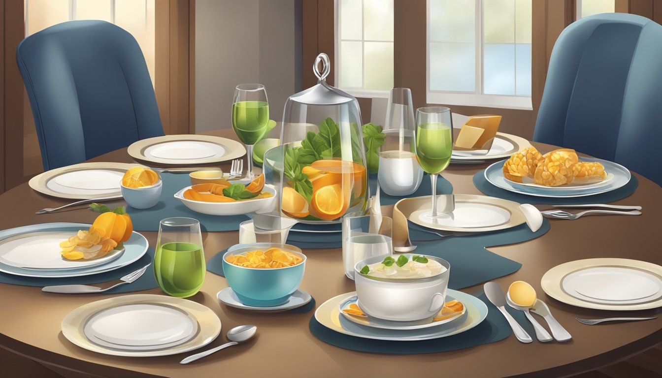 A round dining table is set for four, with plates, utensils, and glasses arranged neatly