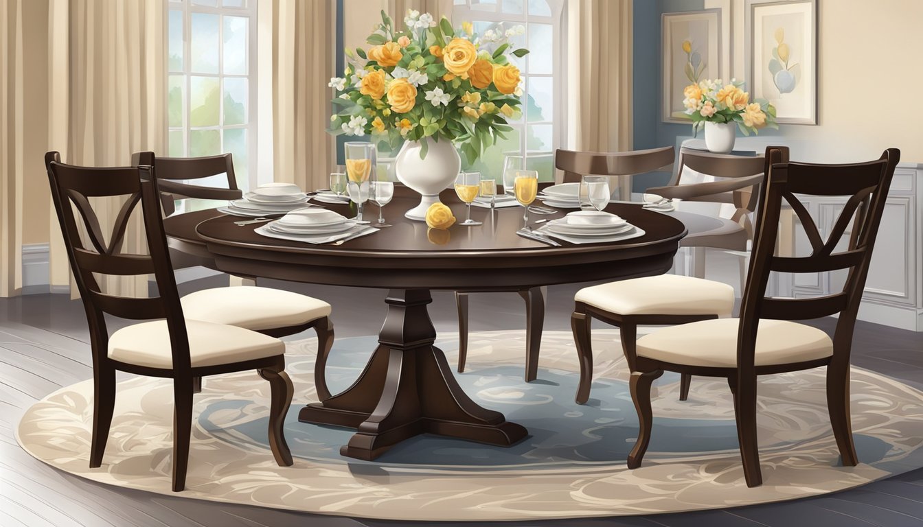 A round dining table with four chairs, made of dark wood and upholstered seats. A centerpiece of fresh flowers and elegant place settings complete the scene