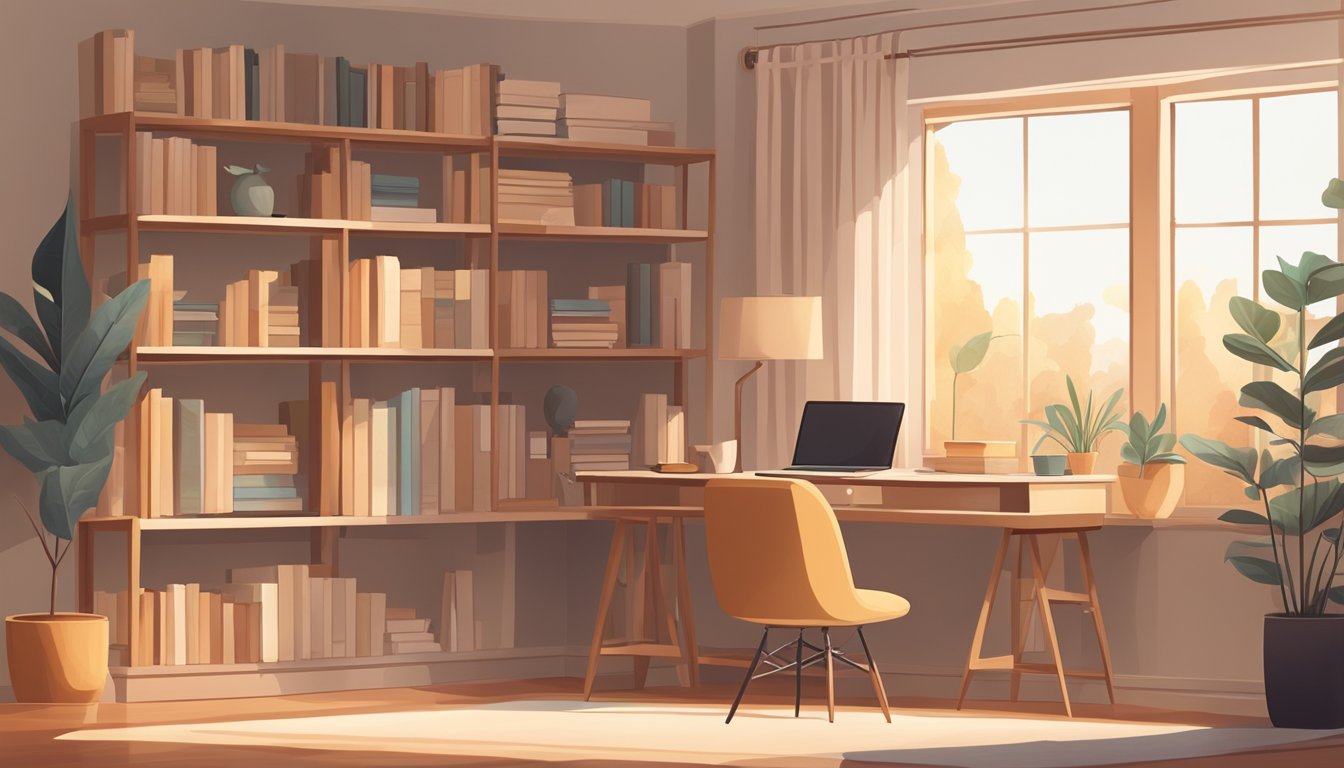 A cozy study room with a desk, chair, bookshelf, and a window with natural light. Warm colors and minimalist decor create a peaceful atmosphere